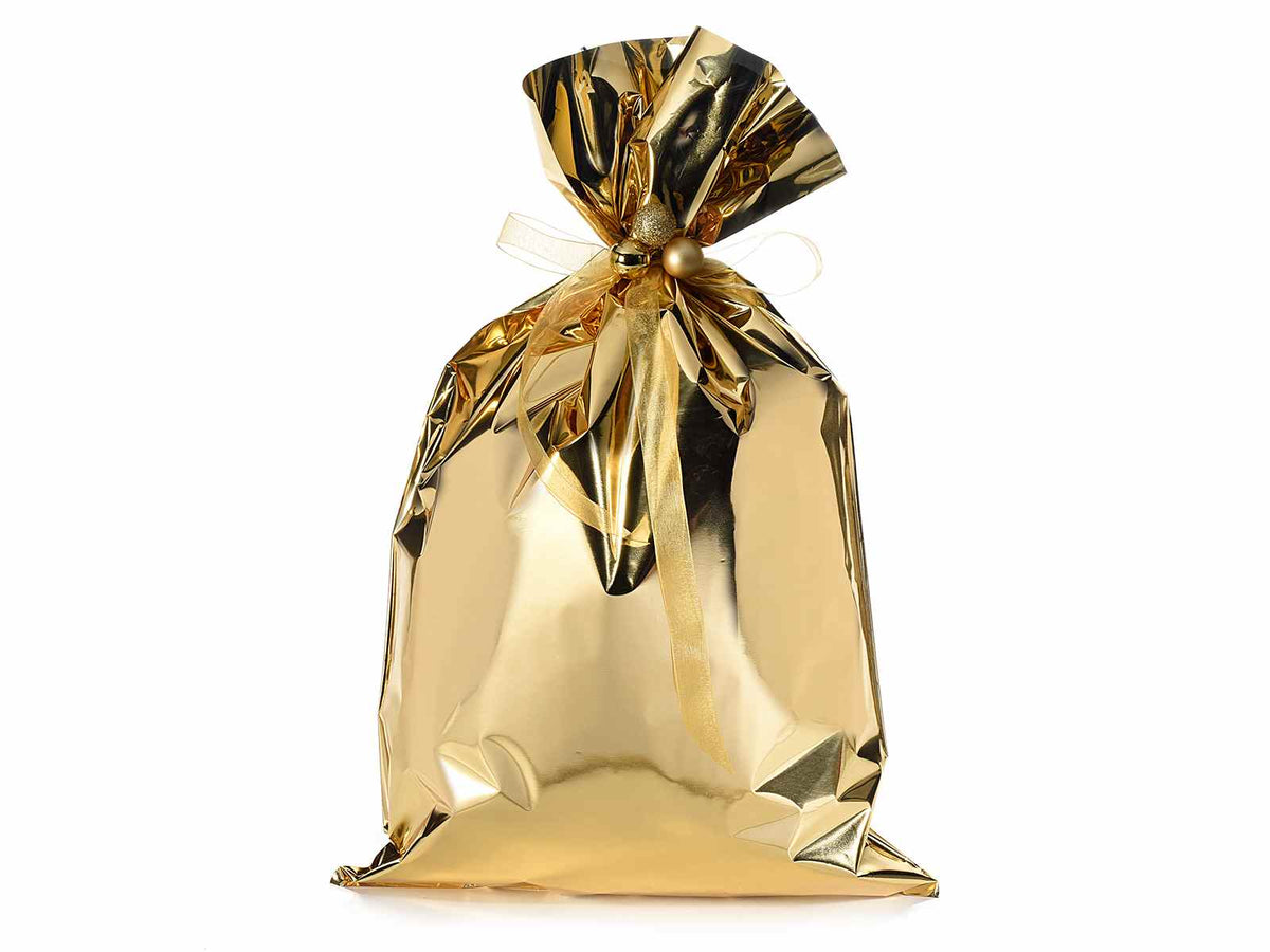 Busta a sacchetto regalo metallizzata oro lucido. Ideale per confezioni regalo, set da 50 pezzi, cm 30 x 50 H