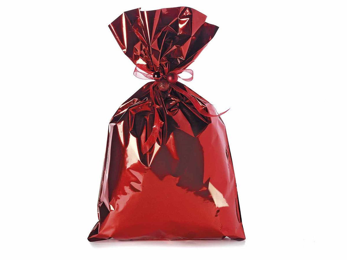 Busta a sacchetto regalo metallizzata rosso lucido. Ideale per confezioni, set da 50 pezzi, cm 30 x 50 H