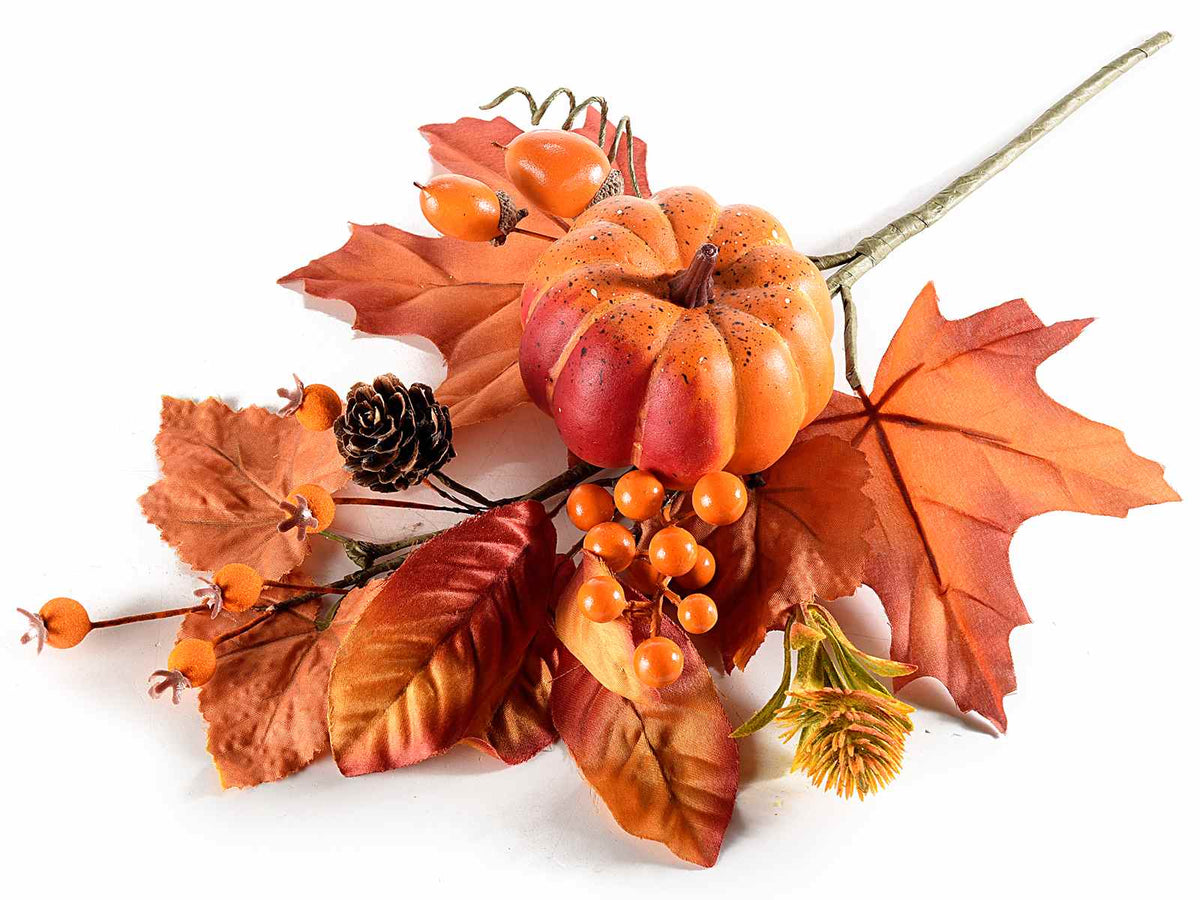 Rami decorativi con zucca, ghiande, foglie e bacche artificiali, set da 6 pezzi, cm 19 H (con gambo 31)