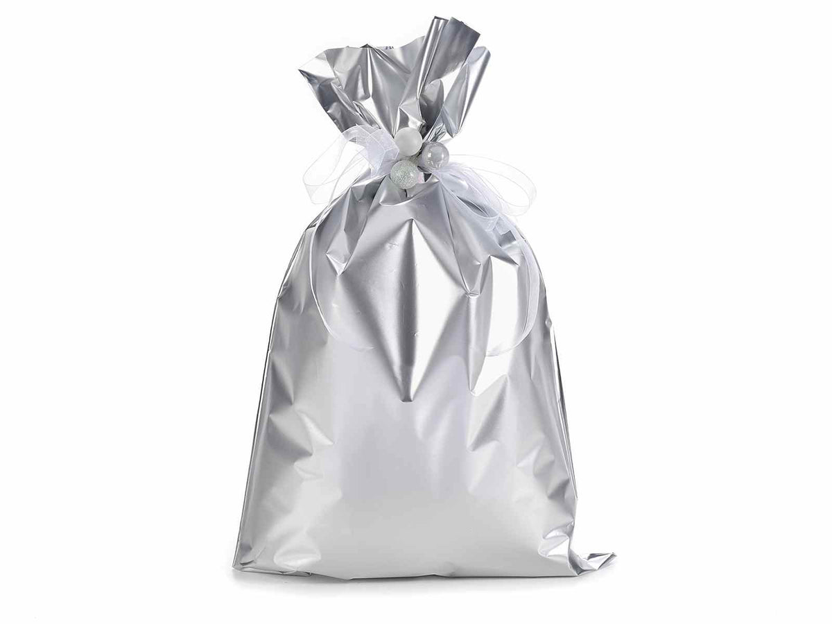 Busta a sacchetto regalo metallizzata argento opaco. Ideale per confezioni, set da 50 pezzi, cm 30 x 50 H