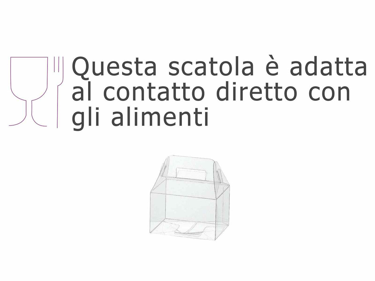 Scatole rettangolari trasparenti con manico in PET - uso alimentare, set da 25 pezzi, cm 10x7,5x6,3H (con manici12)