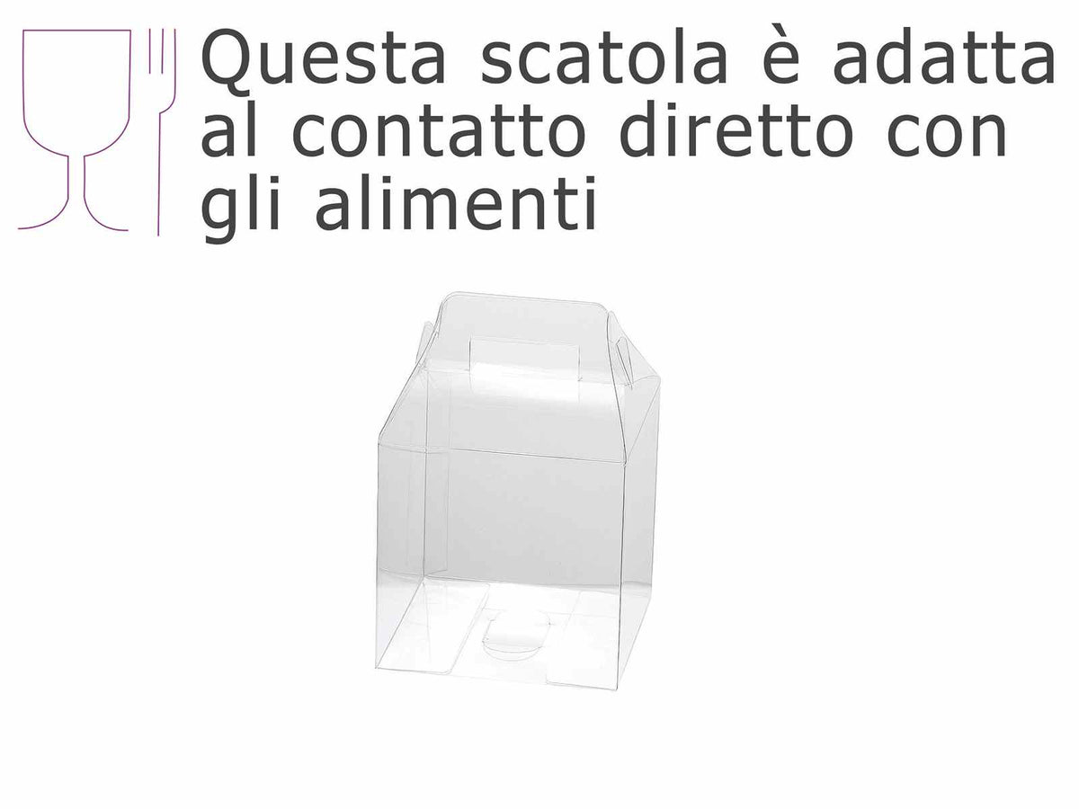 Scatole rettangolari con manico trasparenti in PET - uso alimentare, set da 20 pezzi, cm 10x10x10H (con manici14,5)