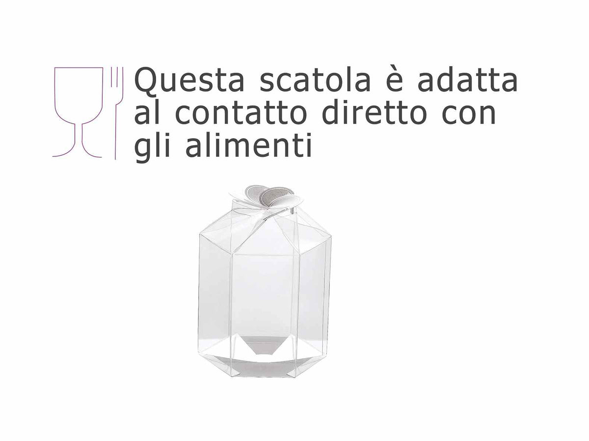 Scatole esagonali trasparenti in PET - uso alimentare con chiusura a fiocco, set da 15 pezzi, cm12x10,5x12H(con fiocco16,5)