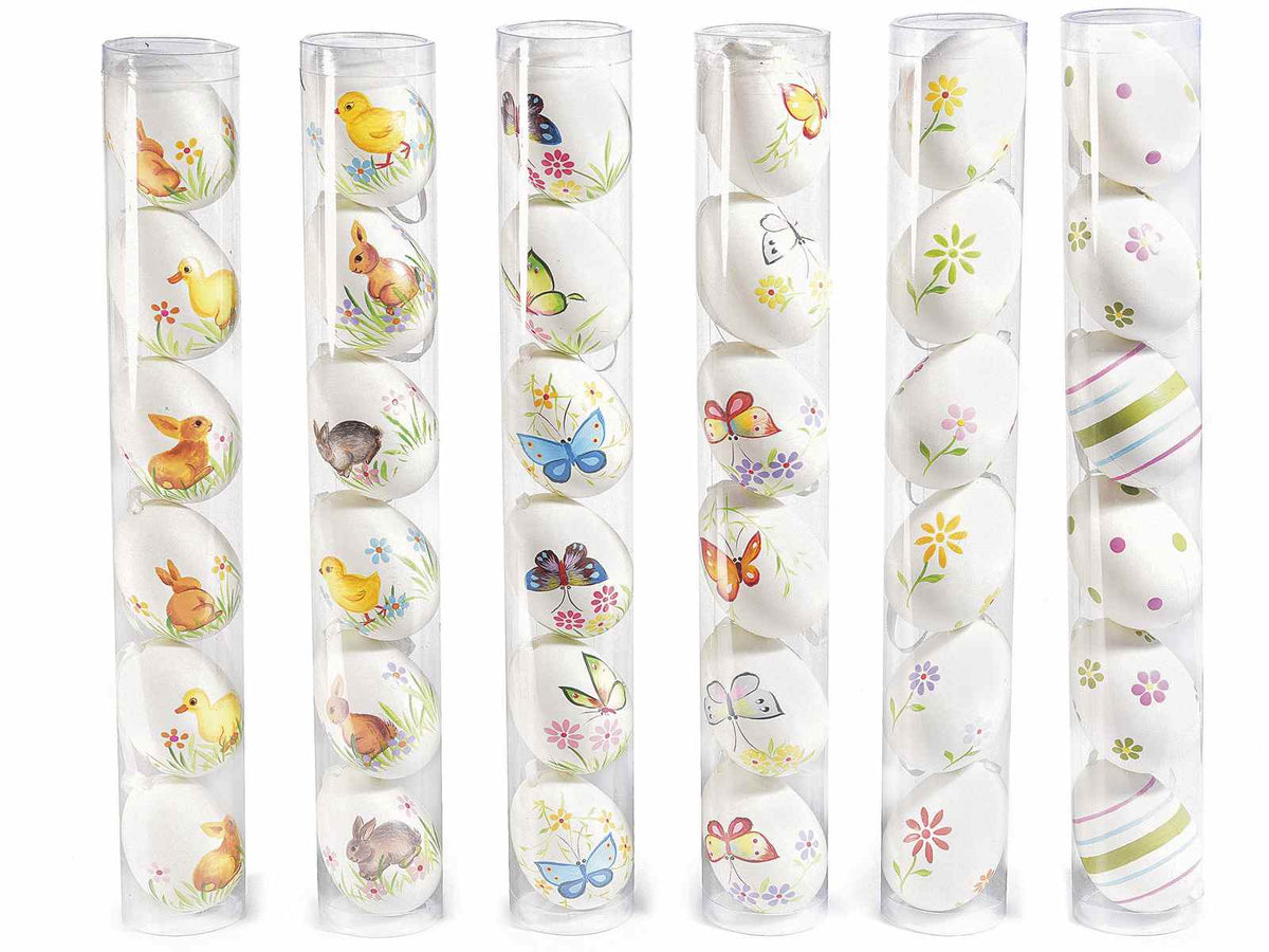 Uova di pasqua decorative bianche in plastica dipinte a mano da appendere, set da 6 pezzi, Ø 4 cm x 6 H