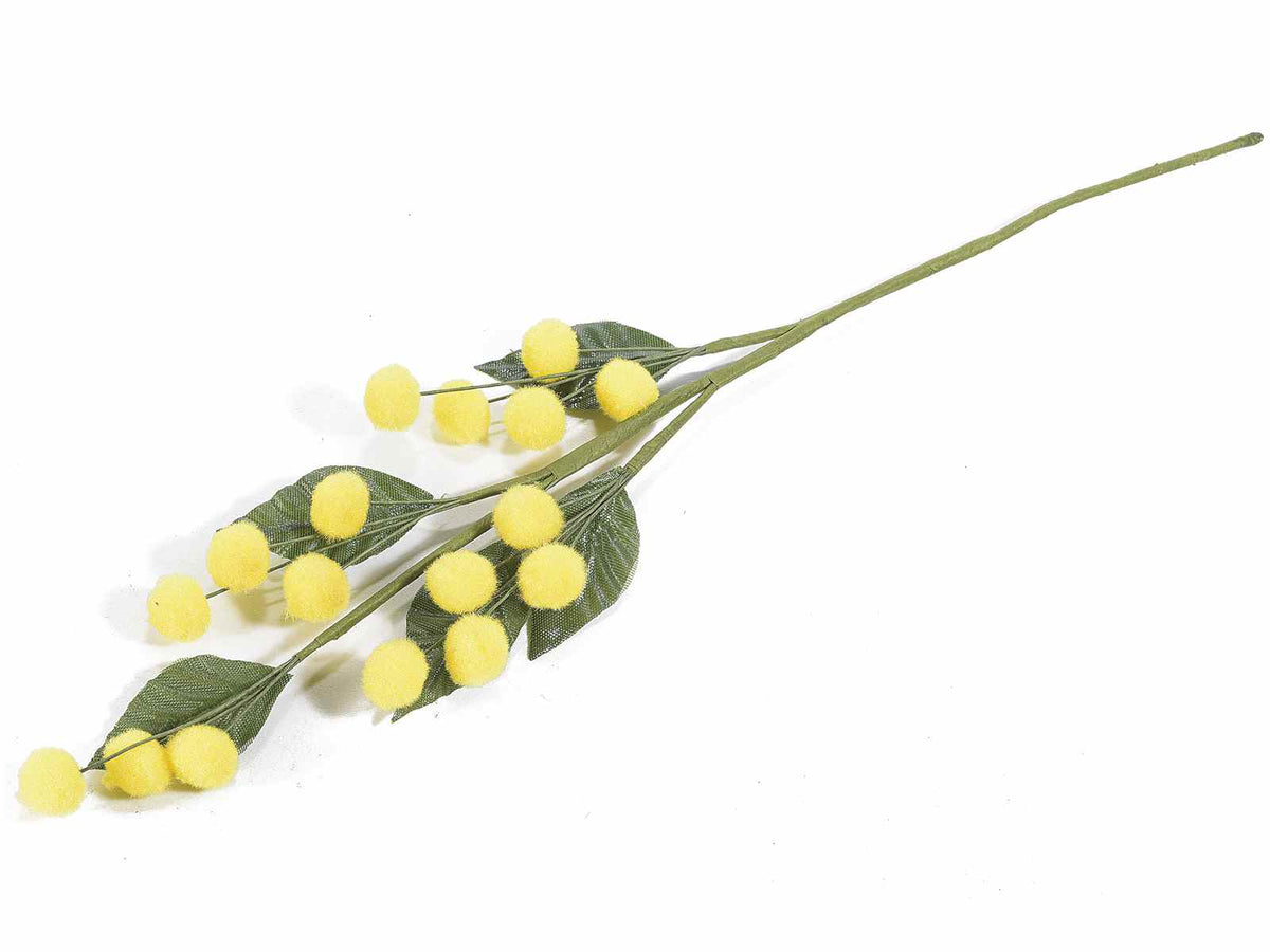 Rametto di mimosa artificiale con fiore in floccato simbolo della Festa, set da 20 pezzi, cm 20 H (con gambo 34)