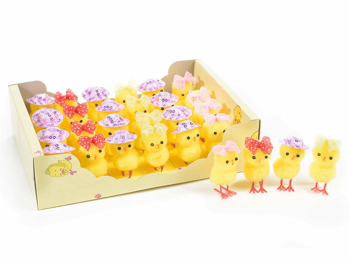 Pulcini di Pasqua decorativi con cappello o fiocco a pois in espositore da 24, set da 2 pezzi, cm 5 H