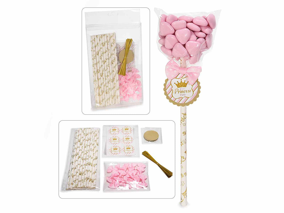 Kit bomboniera bimba con stick a cannuccia, fiocco rosa e tag decorativo, set da 2 pezzi, Cannuccia: 19,5 H