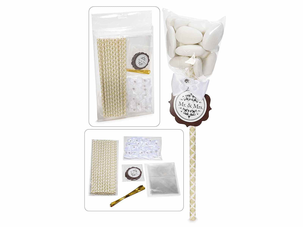 Kit bomboniera matrimonio nozze oro con stick a cannuccia, fiocco bianco e tag, set da 2 pezzi, Confezione: cm 14,5x26x1 H