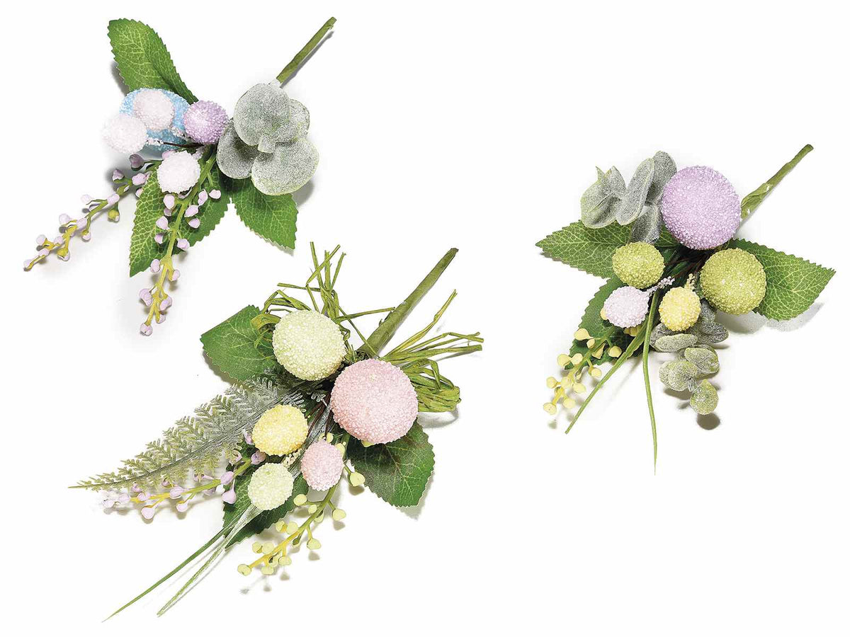 Mazzolini pasquali di uova colorate e fiorellini artificiali, set da 18 pezzi, cm 9 H (con gambo 15)