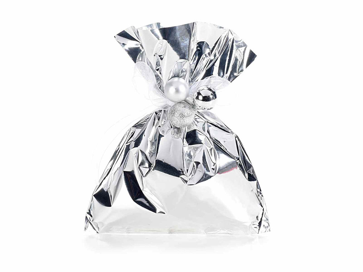Busta a sacchetto regalo metallizzata argento lucido. Ideale per confezioni, set da 100 pezzi, cm 15 x 20 H