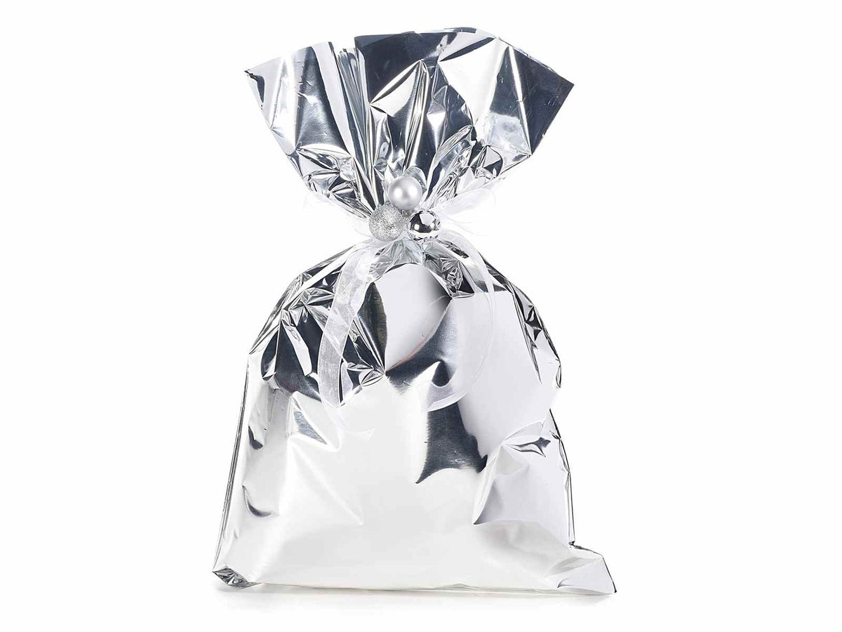 Busta a sacchetto regalo metallizzata argento lucido. Ideale per confezioni, set da 50 pezzi, cm 25 x 40 H