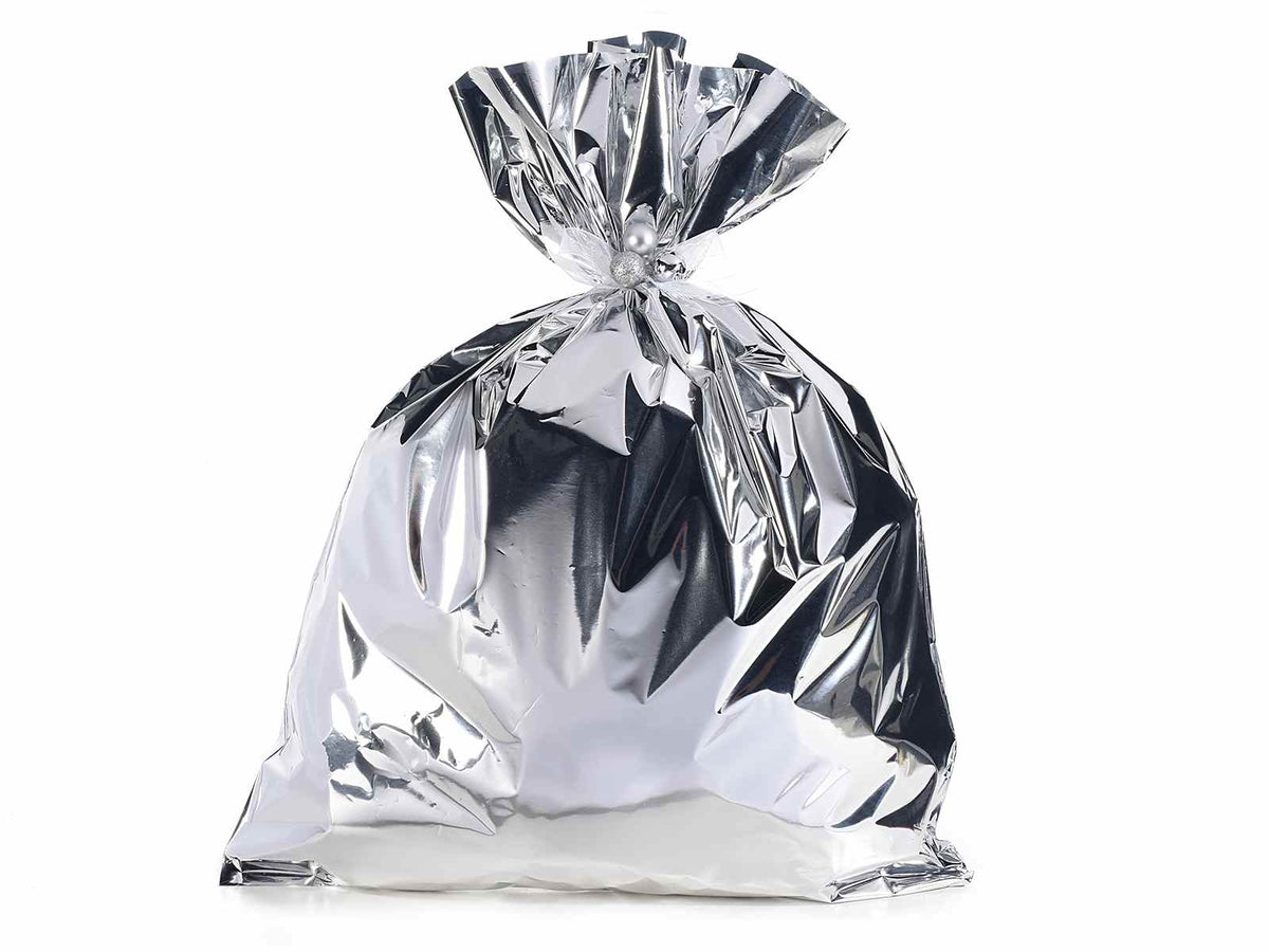 Busta a sacchetto regalo metallizzata argento lucido. Ideale per confezioni, set da 50 pezzi, cm 45 x 60 H