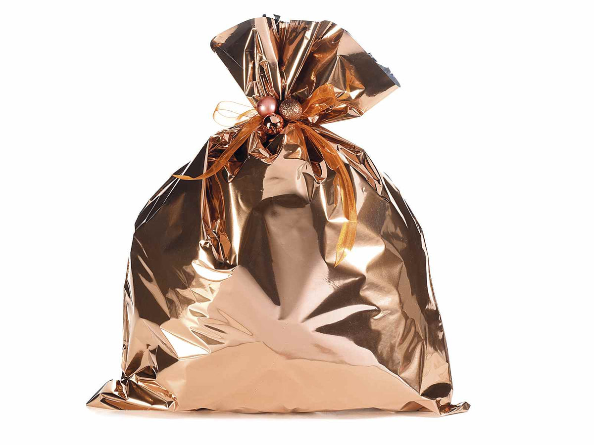 Busta a sacchetto regalo metallizzata bronzo lucido. Ideale per confezioni, set da 50 pezzi, cm 45 x 60 H