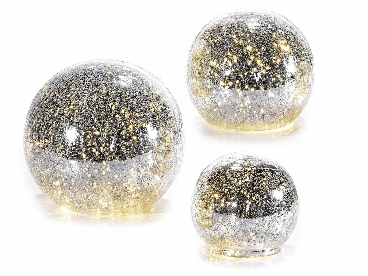 Lampade a sfera argento con luce led bianco caldo e timer, Grande: Ø 15 cm x 14 H