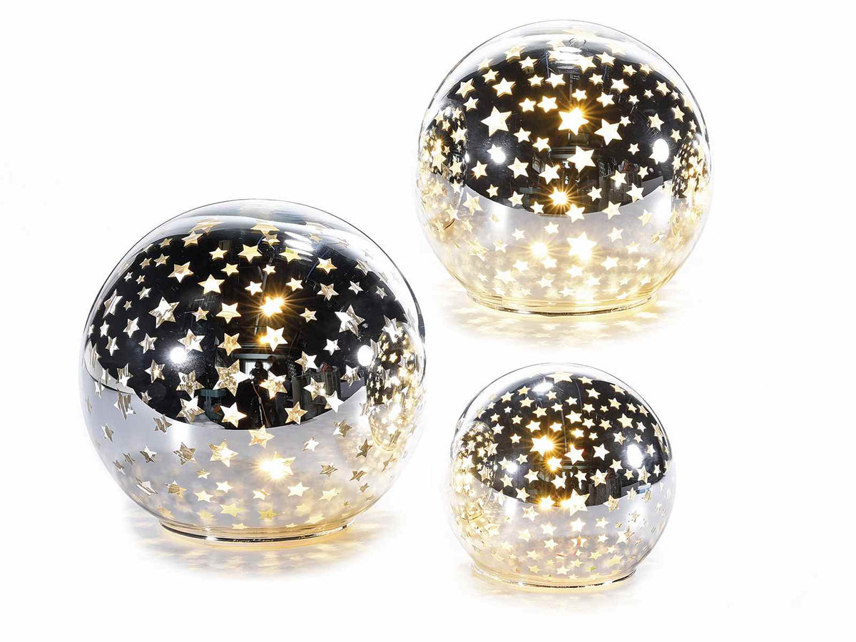 Lampade a sfera argento con decori a stelle, con luce led bianco caldo e timer, Grande: Ø 15 cm x 14 H