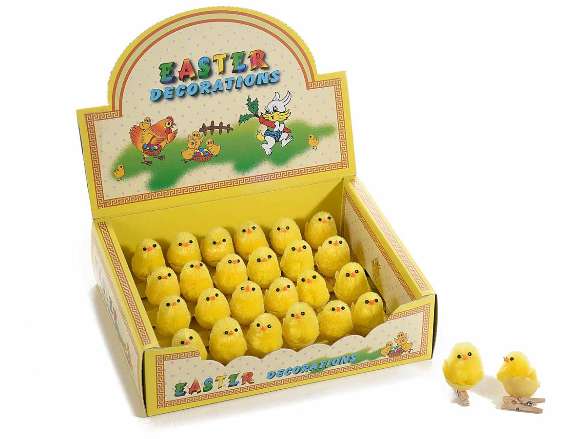 Pulcini decorativi di Pasqua con molletta in legno in espositore da 24 pezzi, set da 3 pezzi, cm 2,5 x 2 x 3 H