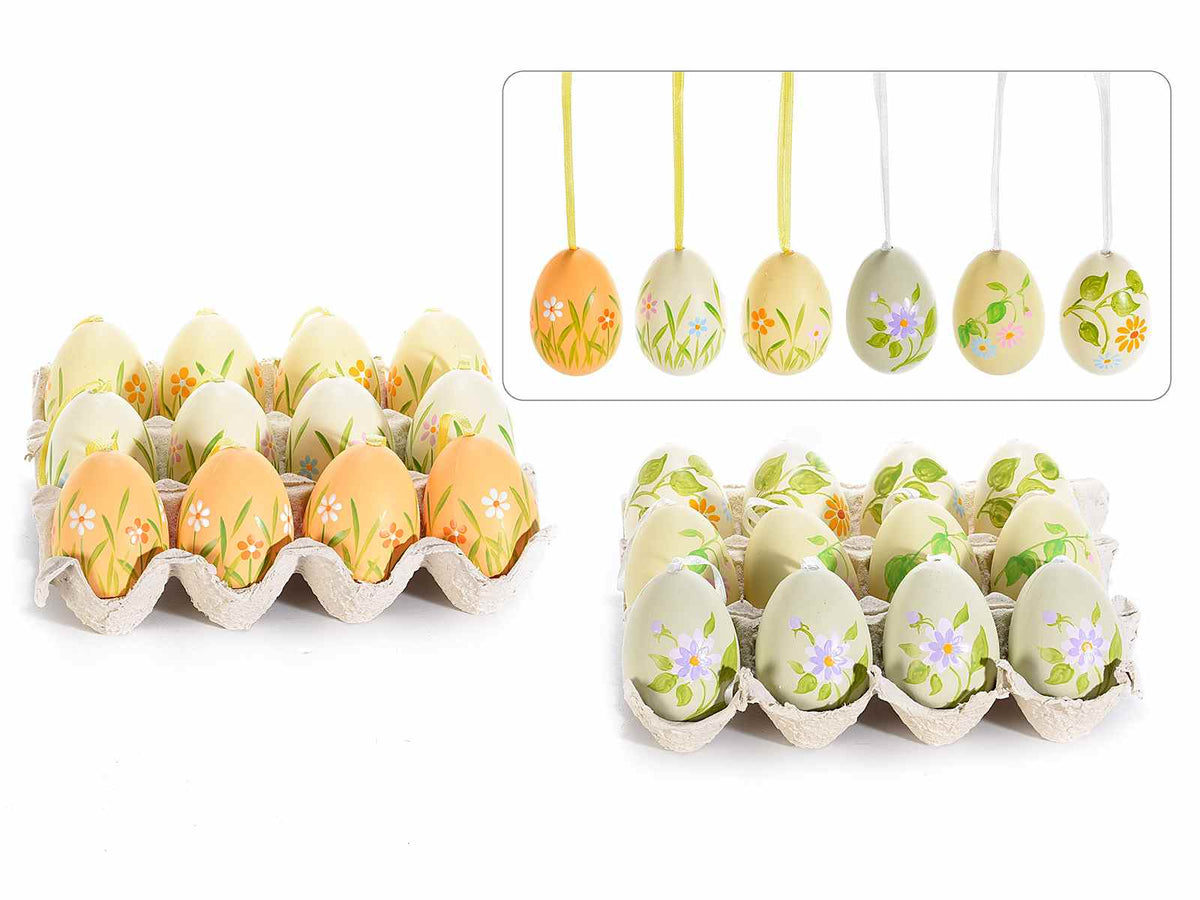 Uova dipinte a mano pasquali in plastica con nastrino da appendere, set da 4 pezzi, Ø 4 cm x 6 H