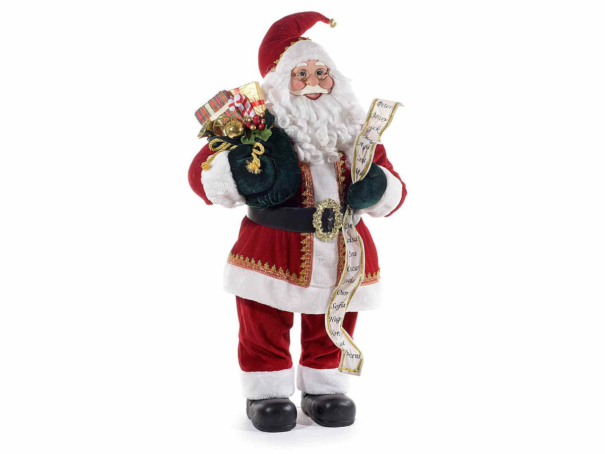 Babbo Natale decoro da vetrina con abito in velluto rosso, cinturone e sacco, cm 49x27x83 H (alla testa)