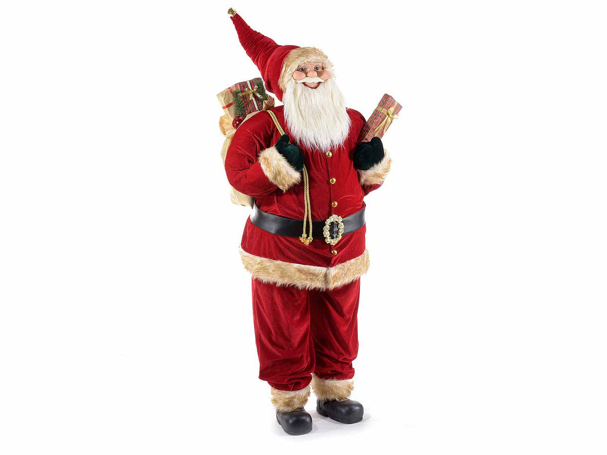 Babbo Natale gigante con abito in velluto rosso e sacco doni, cm70x50x150H (alla testa)