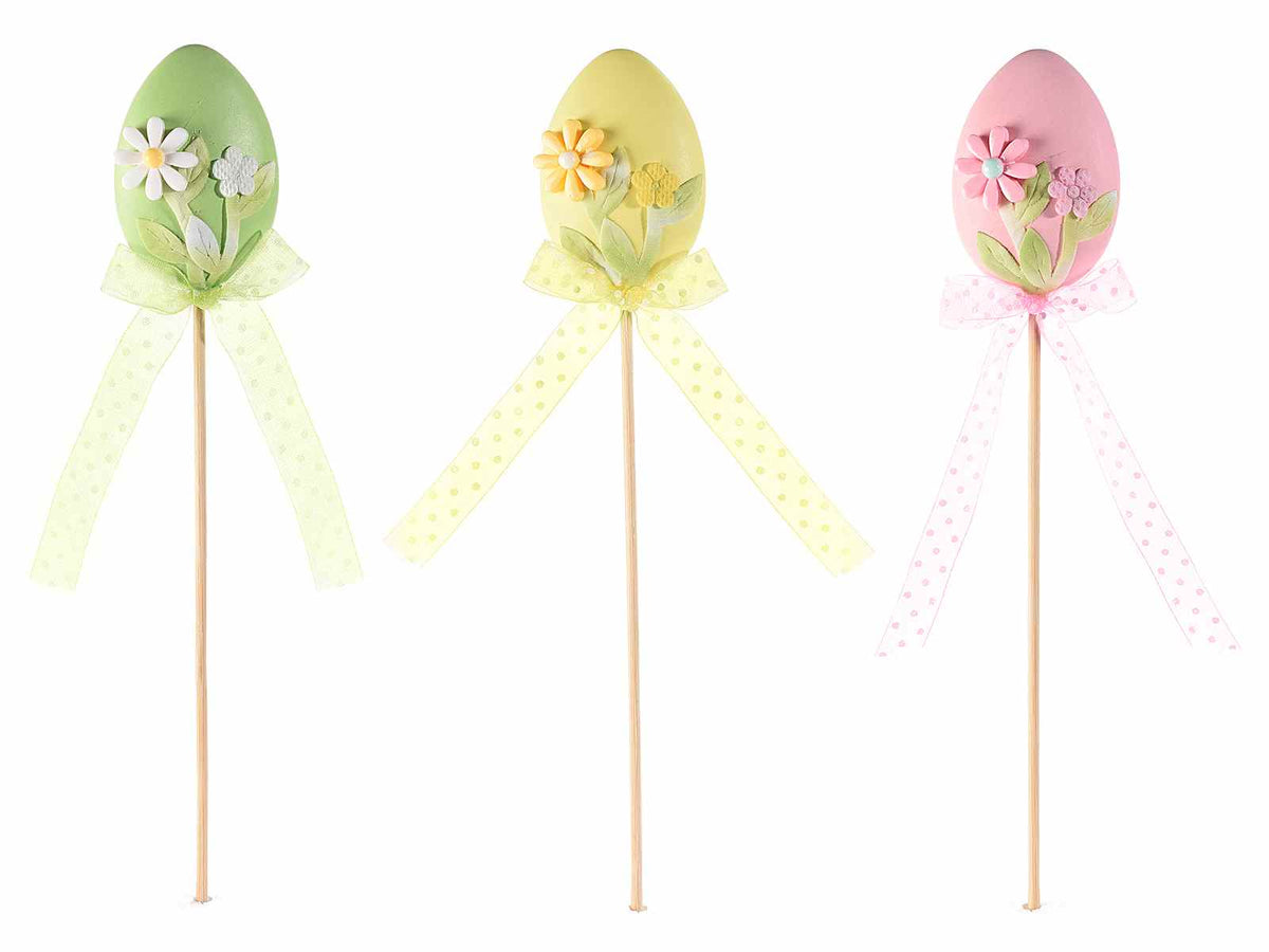 Stick in legno con uova di pasqua in plastica decorate con fiori e nastrino, set da 24 pezzi, cm 6 H (con stick 25)