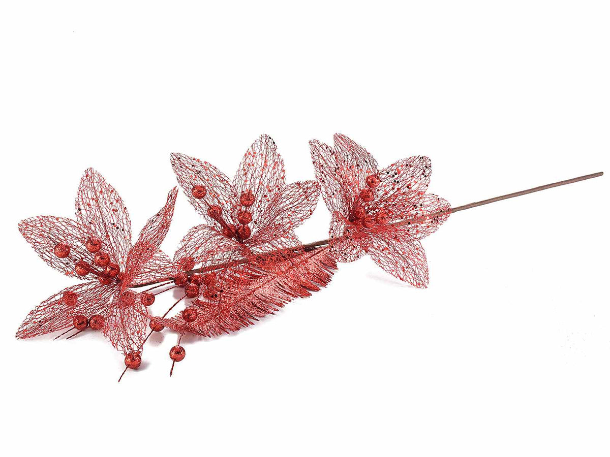 Rami stelle di Natale artificiale con bacche e foglie rosse, set da 6 pezzi, cm 33 H (con gambo 76)