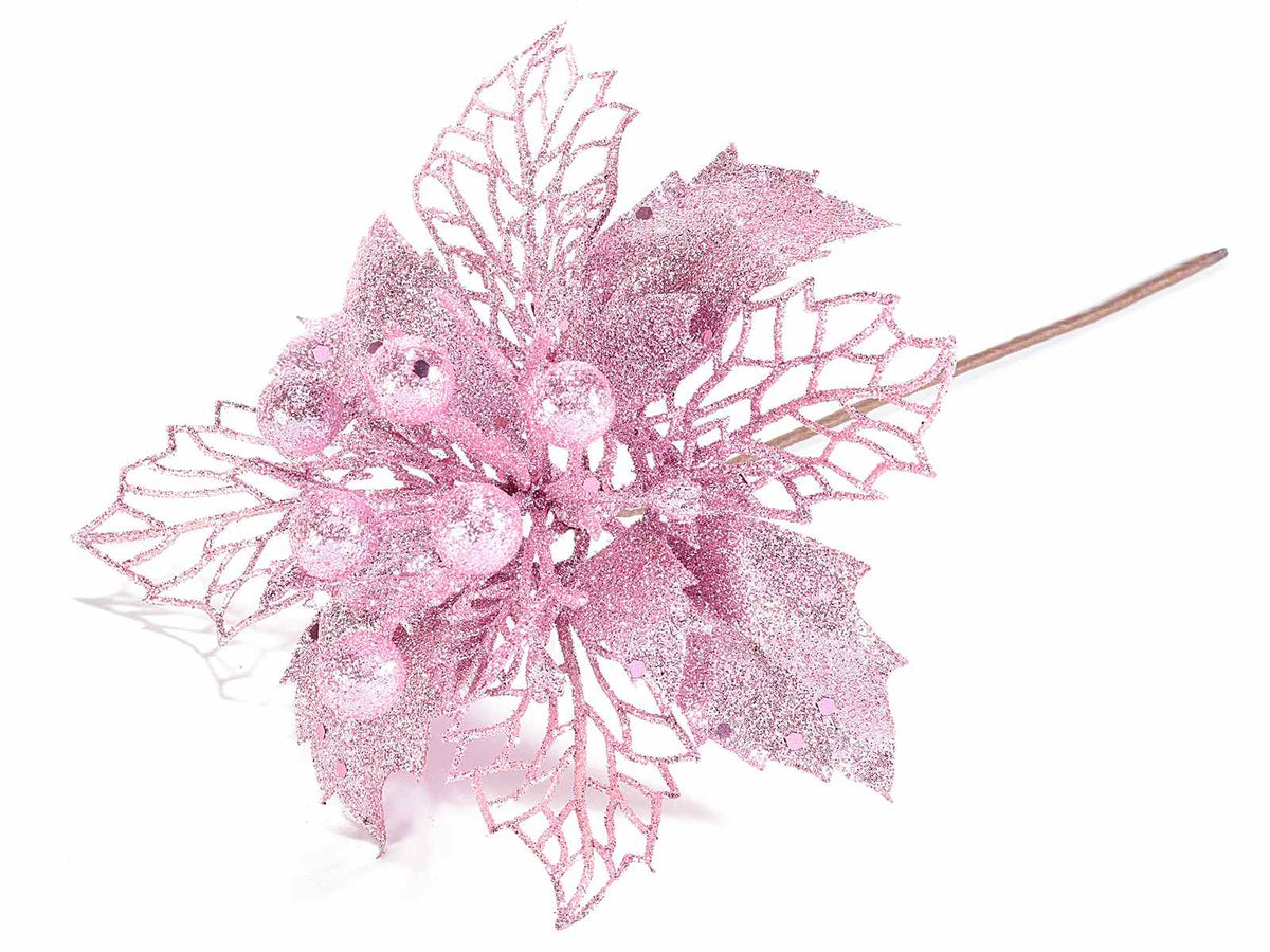 Stelle pick di Natale rosa glitterata con bacche, set da 20 pezzi, Ø 15 cm x 24 H