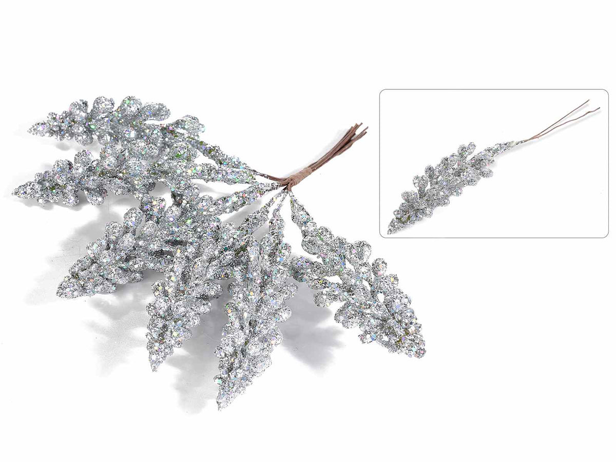 Mazzolini artificiali con 6 rami ad alberello pick glitterato argento, set da 20 pezzi, Pino: Ø 1,5 cm x 7,5 H