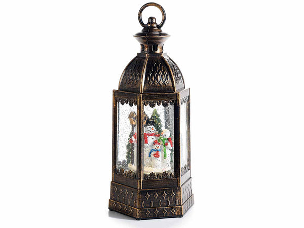 Lanterne di Natale decorative con luci LED, con famiglia pupazzi di neve, glitter in movimento, funziona a batteria, cm12,5x11x27,5H(c/gancio29)