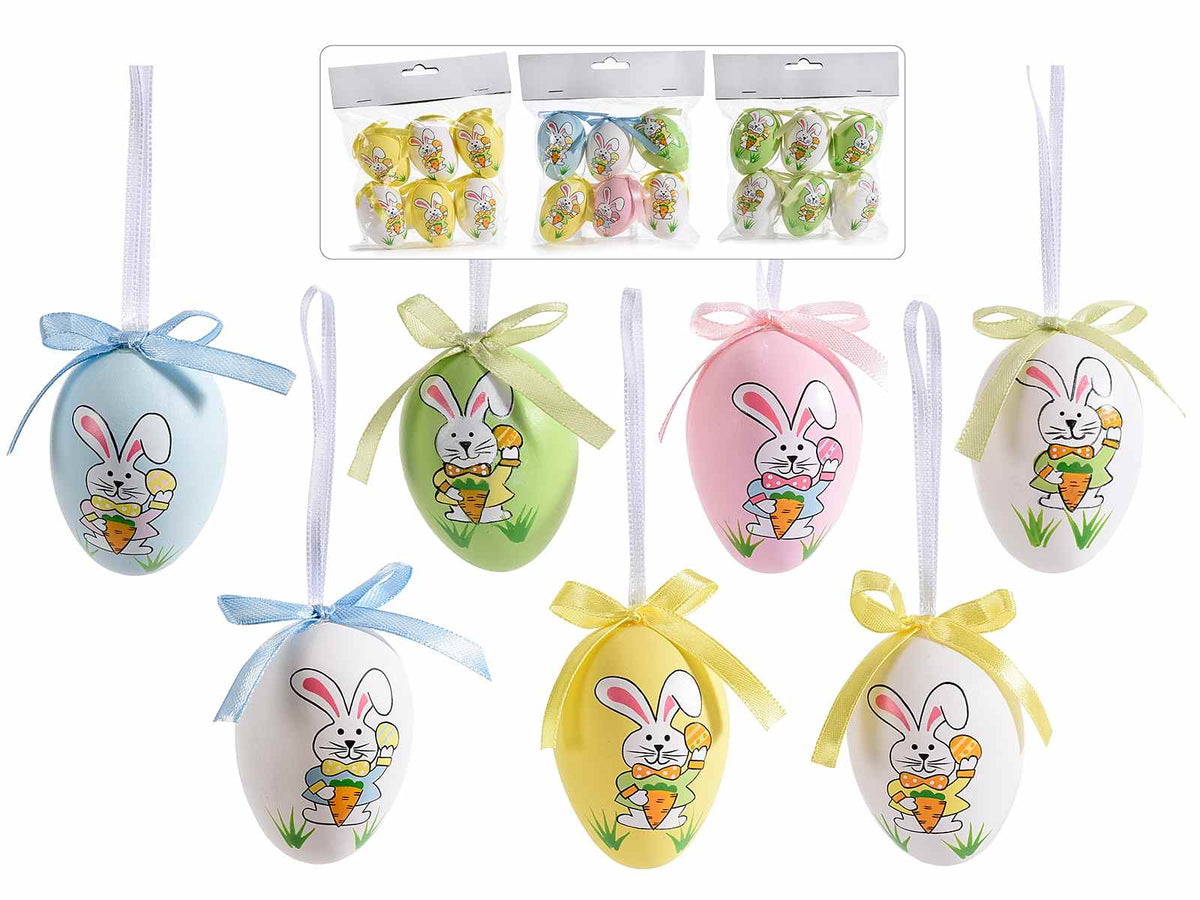 Uova colorate pasquali da appendere con coniglietto decorato, set da 6 pezzi, Ø 4 cm x 6 H