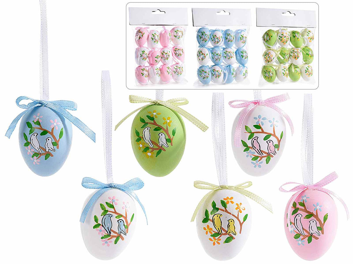 Uova pasquali colorate dipinte a mano con cordino per appendere e fiocchetto, set da 6 pezzi, Ø 3 cm x 4 H