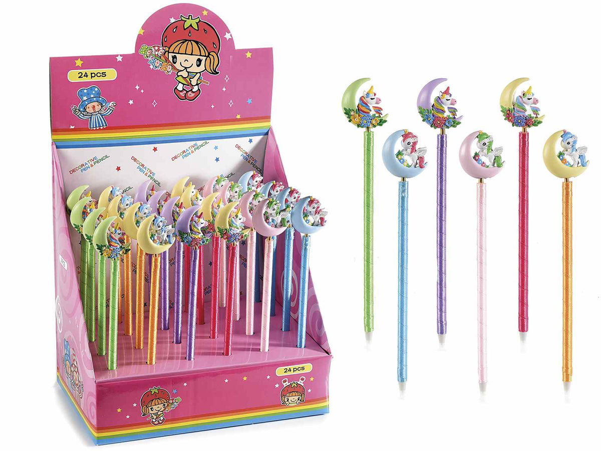 Penne bimba unicorno a sfera in resina in espositore, set da 24 pezzi, cm 20 H - Inchiostro: nero