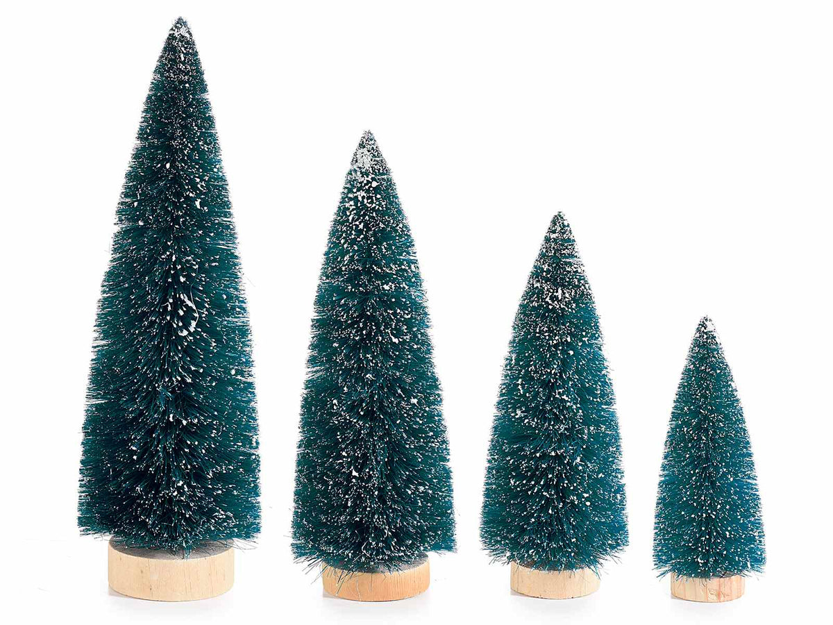 Alberi di Natale decorativi artificiali innevati su base in legno, set da 3 pezzi, Maxi: Ø 10 cm x 30 H