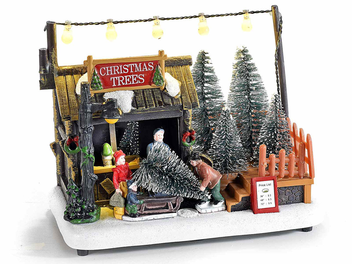 Villaggio natalizio con negozio di alberi di Natale, personaggi e luci LED. Decorazione luminosa con dettagli realistici, alberelli innevati, casetta in legno e insegna…