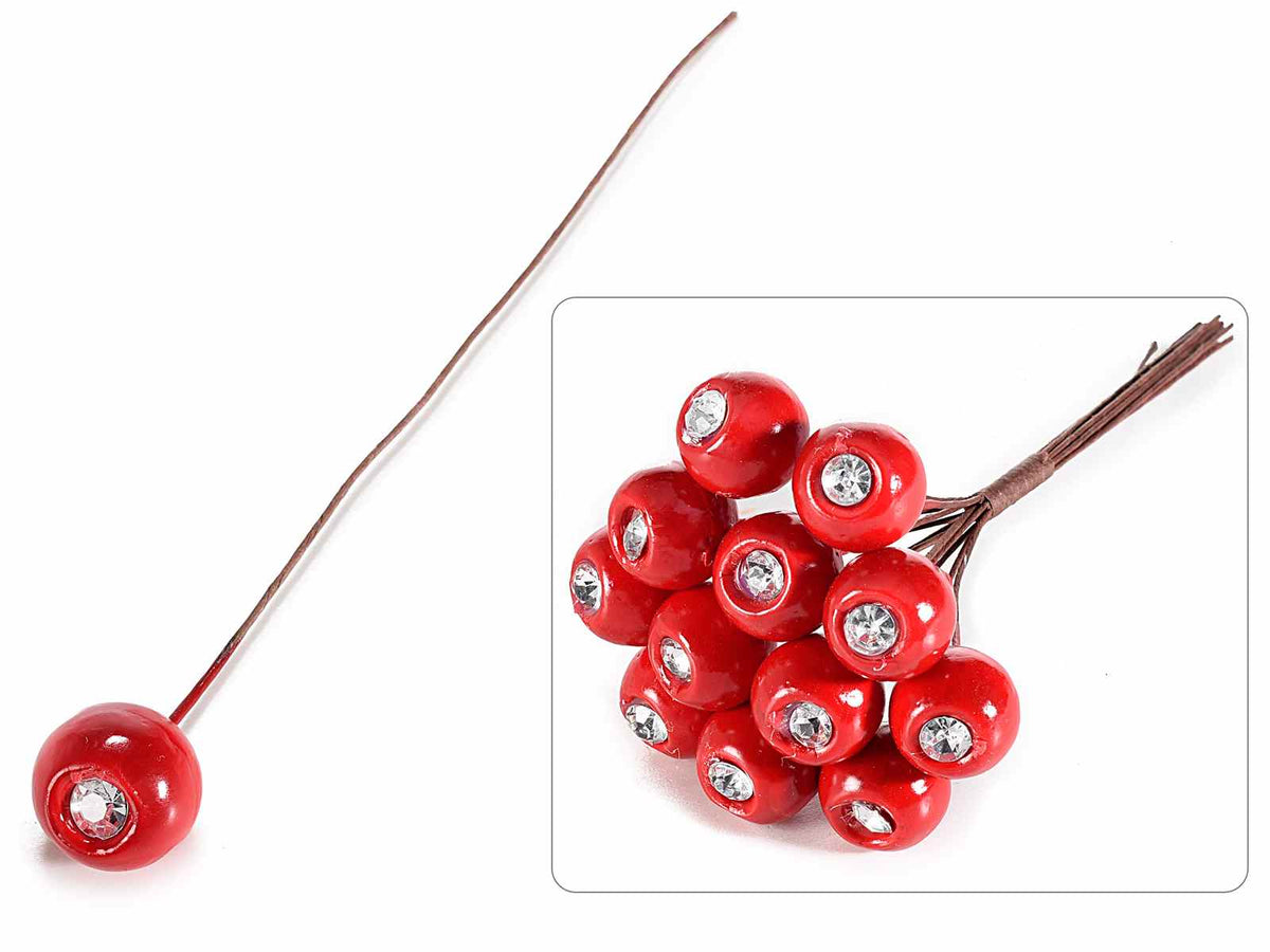 Bacche rosse artificiali con brillantini e gambi modellabili, set da 144 pezzi, Ø 1,5 cm x 13 H