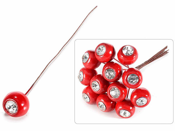 Bacche rosse grandi con diamante e gambo modellabile, set da 144 pezzi, Ø 2 cm x 13 H