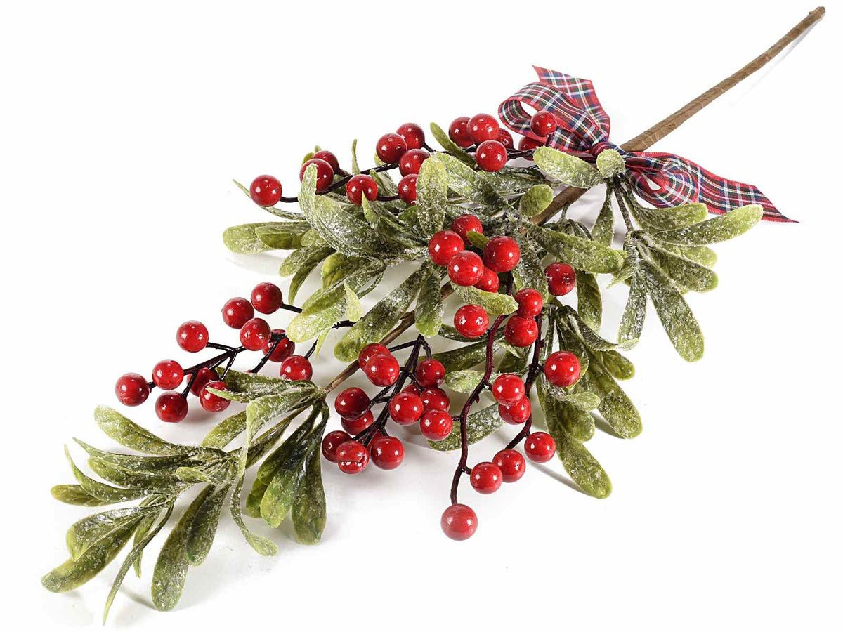 Rami di bacche rosse con foglie innevate e fiocco tartan, set da 4 pezzi, cm 36 H (con gambo 54)