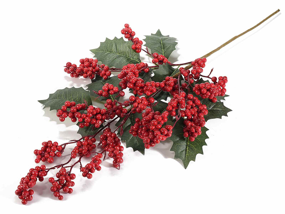 Rami di agrifoglio artificiale con bacche rosse, set da 4 pezzi, cm 41 H (con gambo 63)