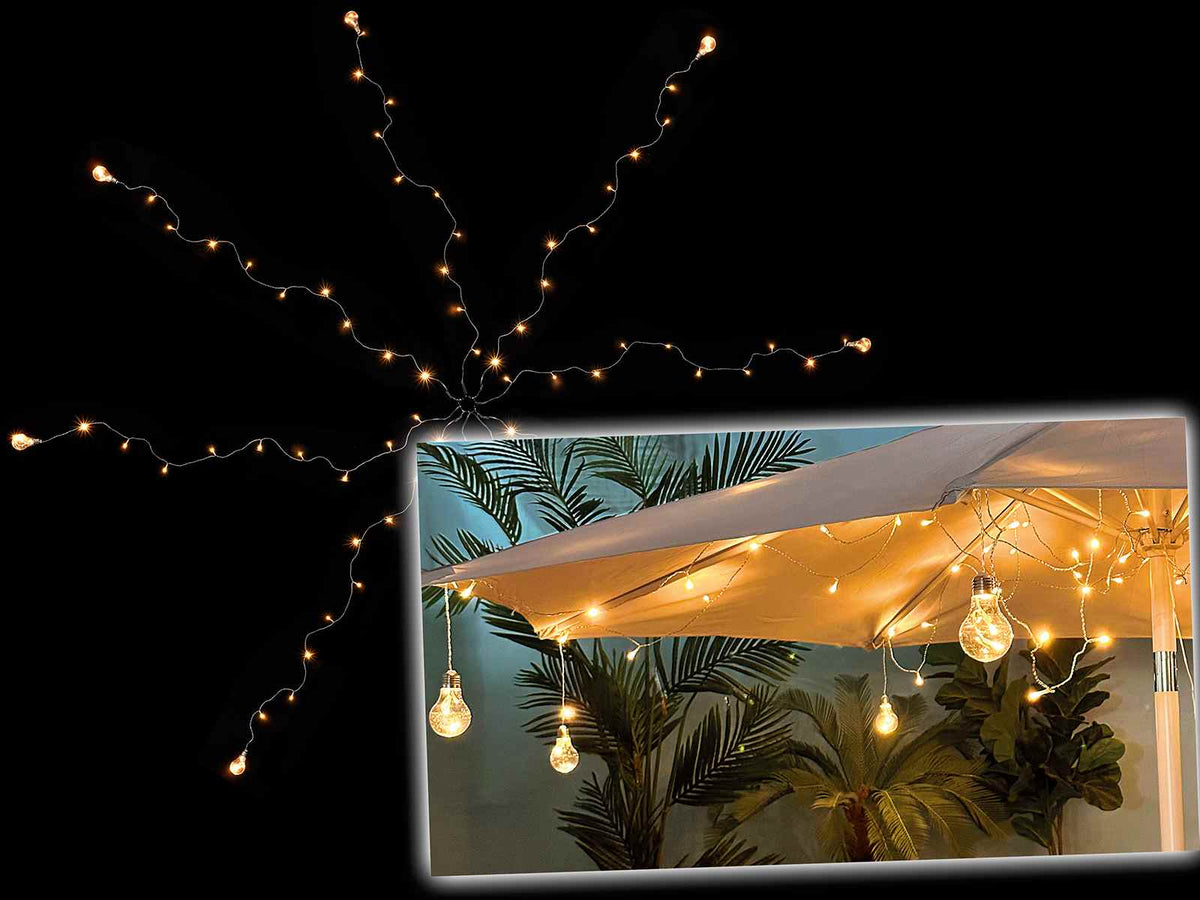 Luci a catena luminosa per ombrellone a 8 raggi, con 8 lampadine e 96 luci led, Filo: m 2 H
