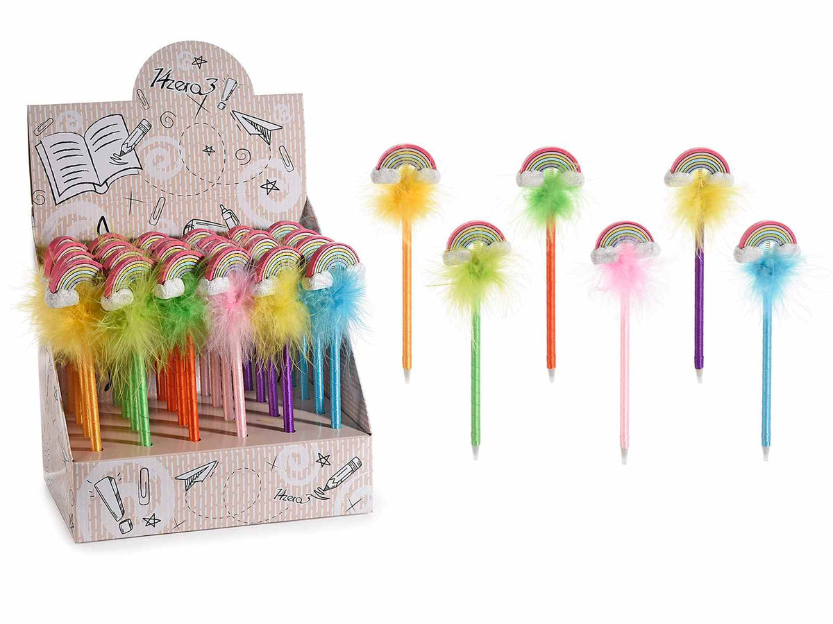 Penne a sfera con arcobaleno in resina e piumette in espositore da 24 pezzi, set da 24 pezzi, cm 19 H - Inchiostro: nero