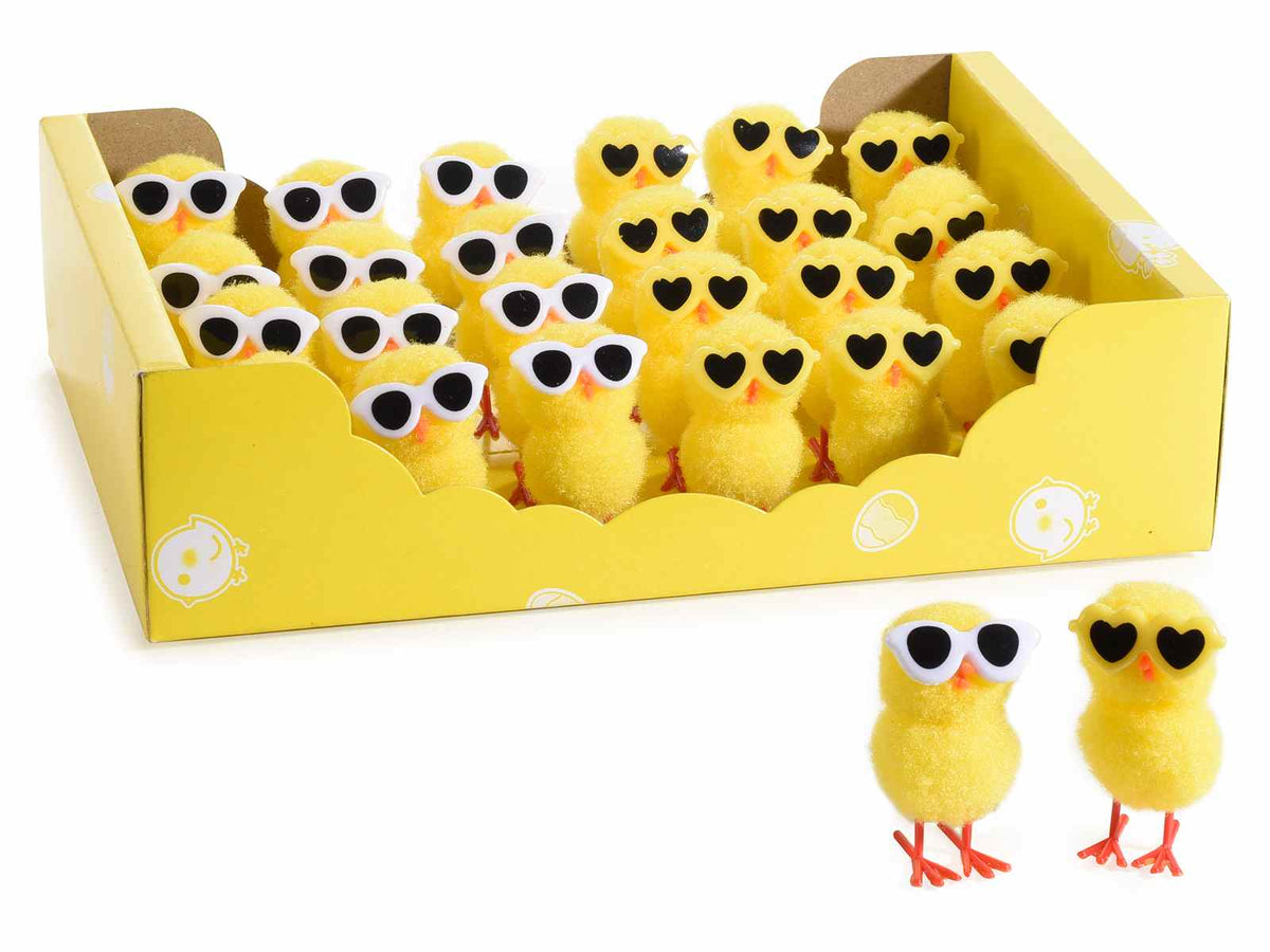Pulcini pasquali decorativi con occhiali da sole in espositore da 24 pezzi, set da 2 pezzi, cm 5 H