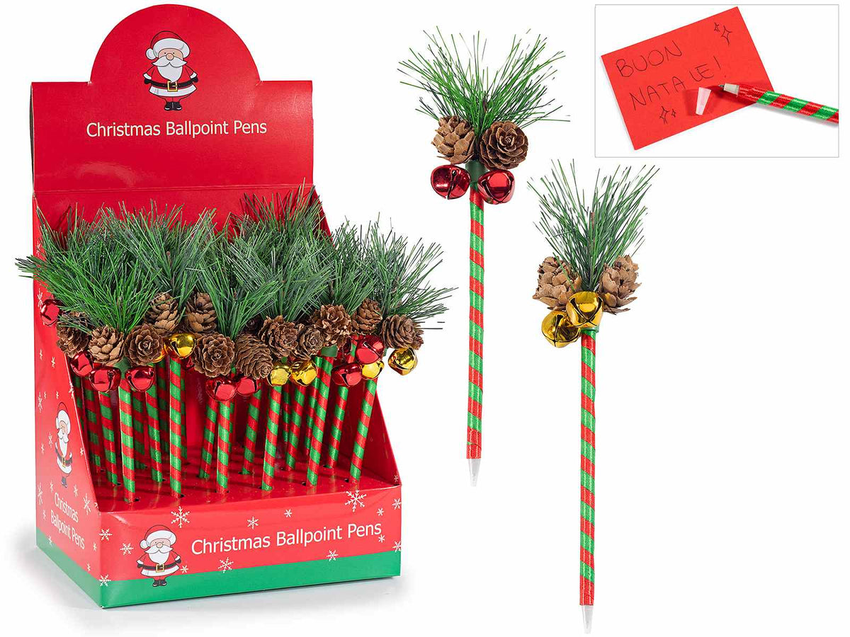 Penne di Natale a sfera con pigne e campanelle in espositore da 24 pezzi, set da 24 pezzi, cm 22 H - Inchiostro: nero