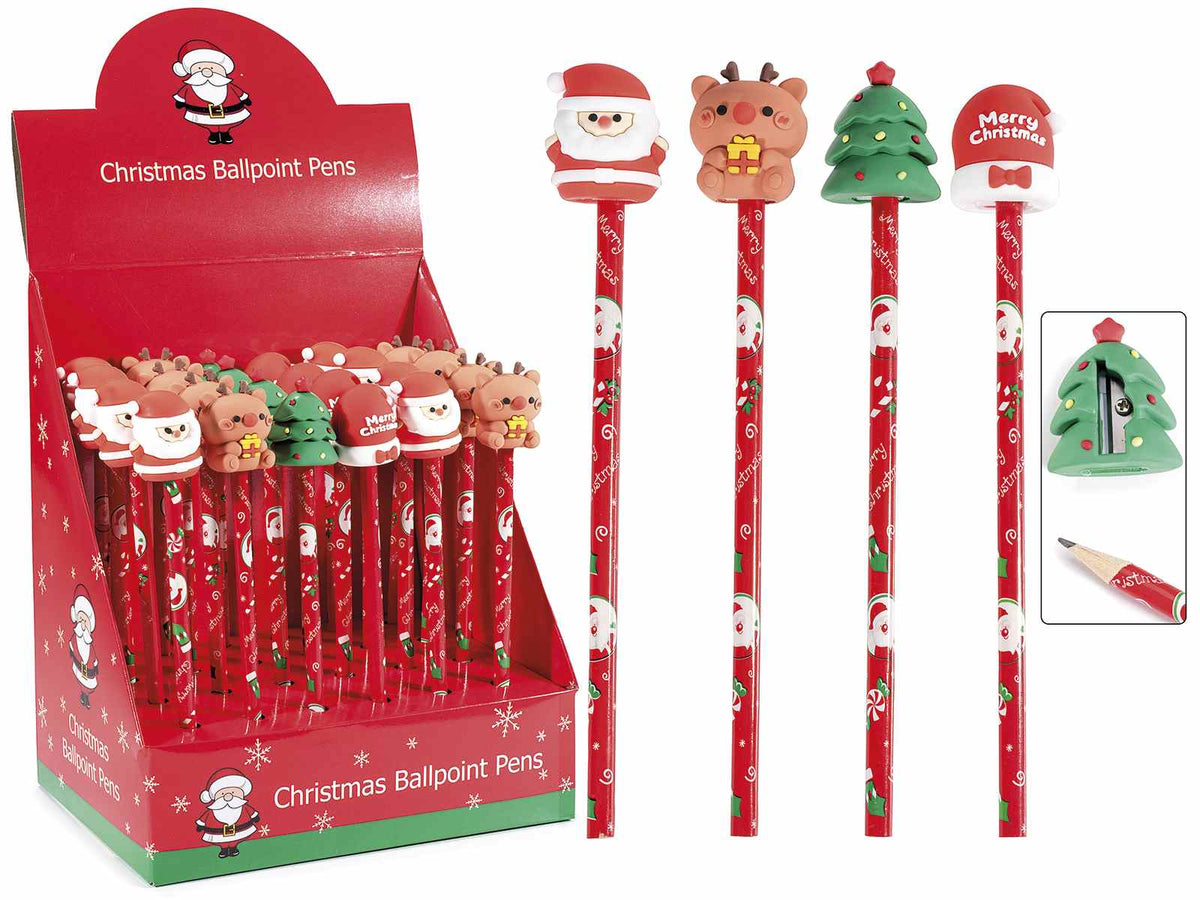 Matite di Natale con temperino gommoso a Babbo Natale, renna e albero, set da 24 pezzi, cm 20,5 H