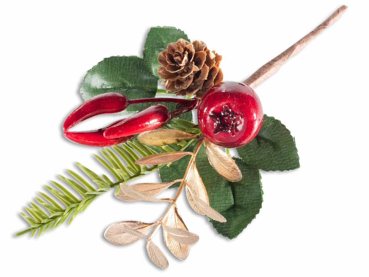 Mazzolini pick di Natale con melograno, foglie dorate e peperoncino artificiale, set da 30 pezzi, cm 11 H (con gambo 18)