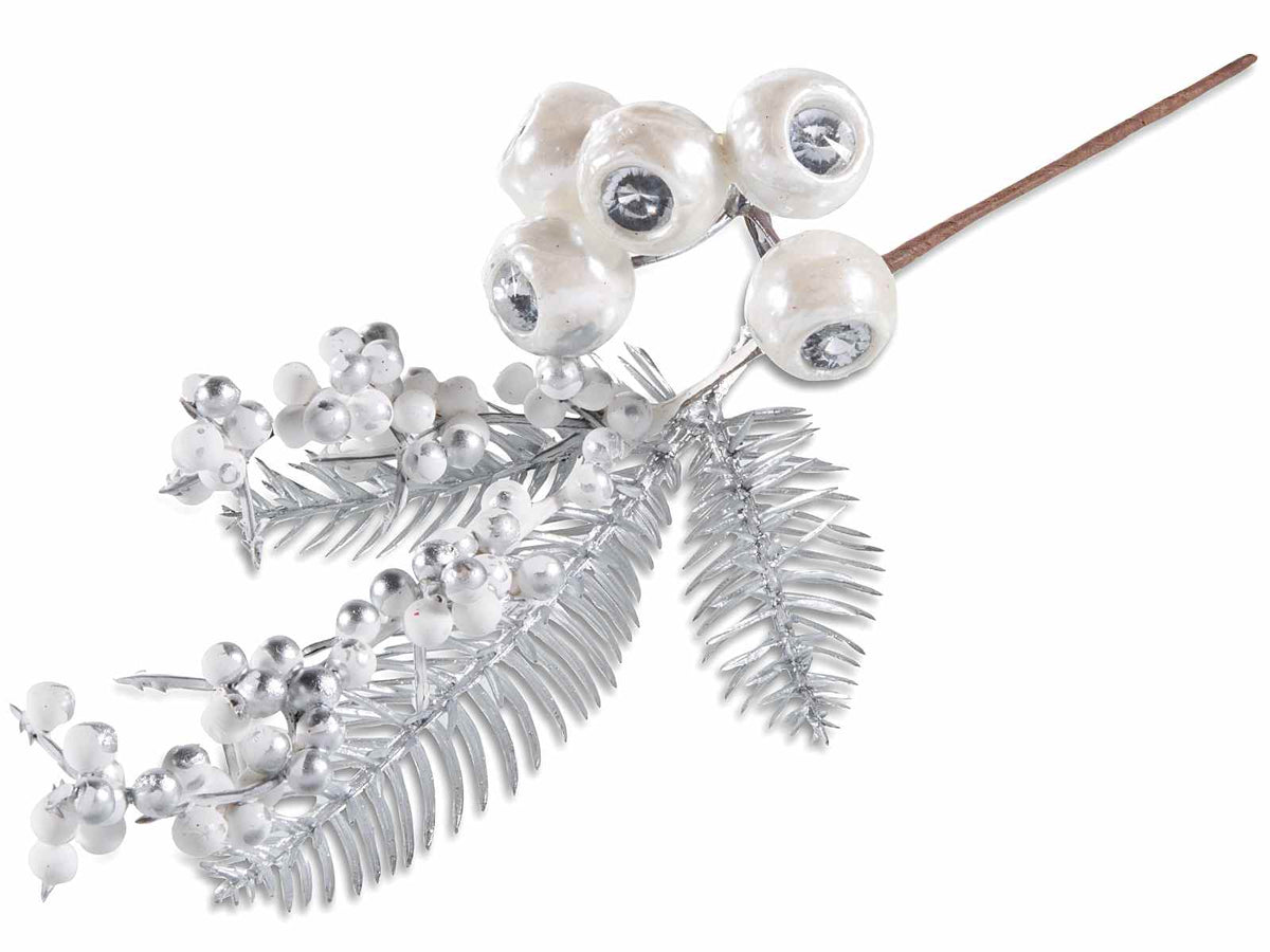 Rametti pick argentati con bacche bianche artificiali e decoro luminoso, set da 24 pezzi, cm 17 H (con gambo 29)