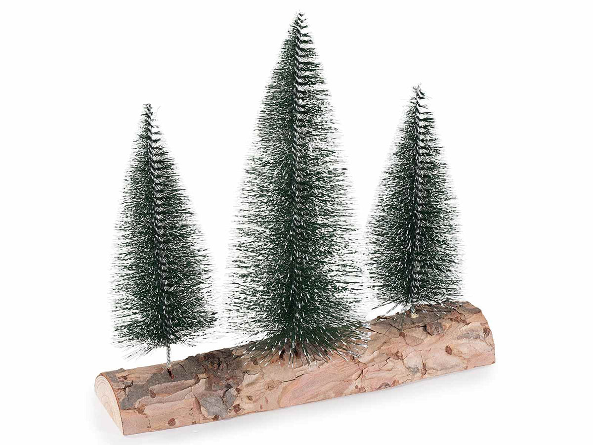 Decorazione natalizia a tronchetto in legno con 3 abeti artificiali innevati, set da 4 pezzi, cm 25 x 8,5 x 24 H