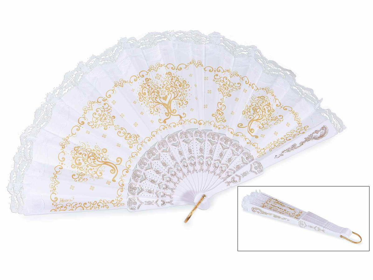 Ventagli pieghevoli adatti per bomboniera in plastica e tessuto bianco, set da 12 pezzi, Aperto: cm 45 x 24 H