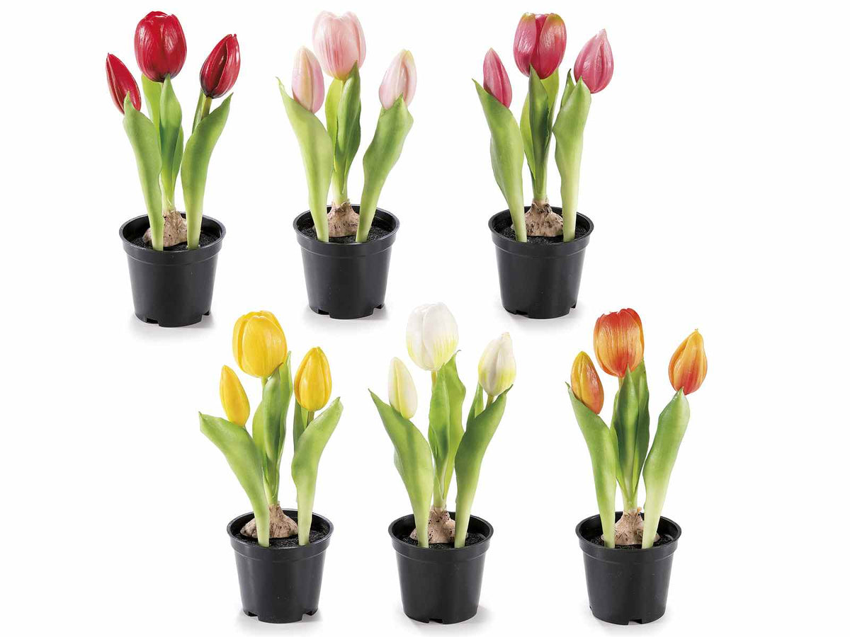Tulipani piccoli artificiali colorati in vasetto nero, set da 6 pezzi, Ø 7,5 cm x 21 H