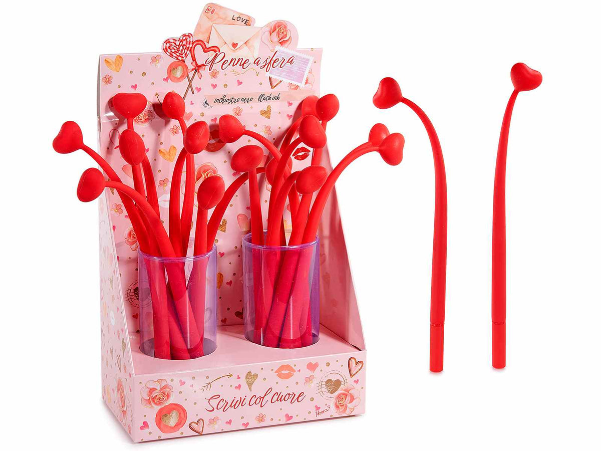 Penne a sfera con cuore in silicone flessibile in espositore da 20 pezzi, set da 20 pezzi, cm 23 H - Inchiostro: nero