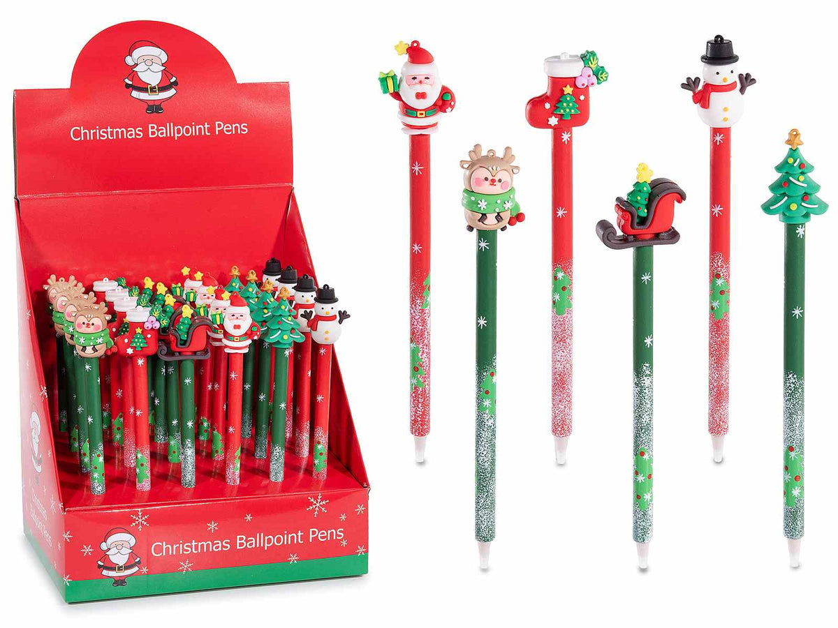 Penne di Natale a sfera con Babbo Natale, albero, pupazzo di neve, renna, set da 24 pezzi, cm19,5H - Inchiostro:Nero