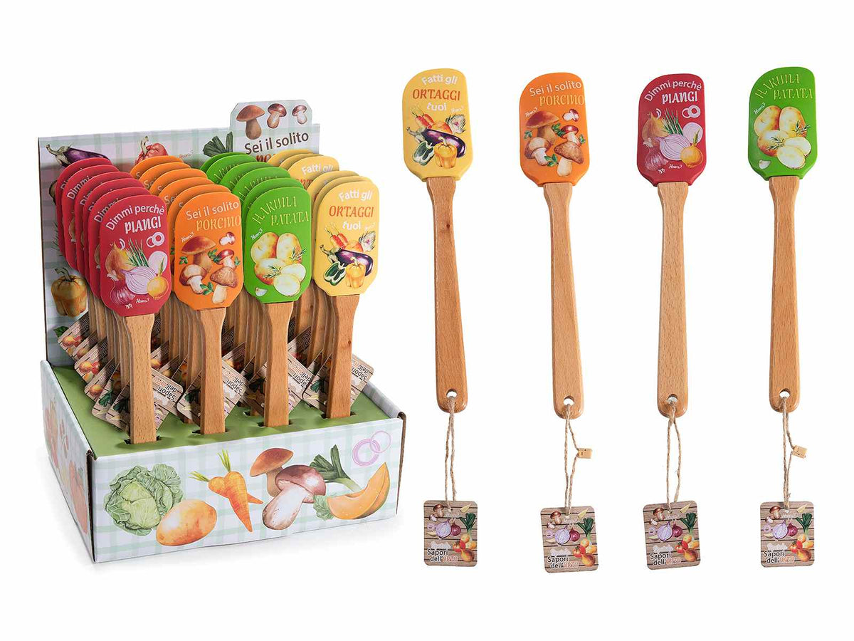 Spatole per alimenti in silicone colorato e legno con stampa e scritte frutti, set da 24 pezzi, Spatola: cm 5 x 26 H